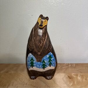 Carved Folk Art Wooden Bear Figurine Painted Winter Scene, Signed WJ Cabin Decor